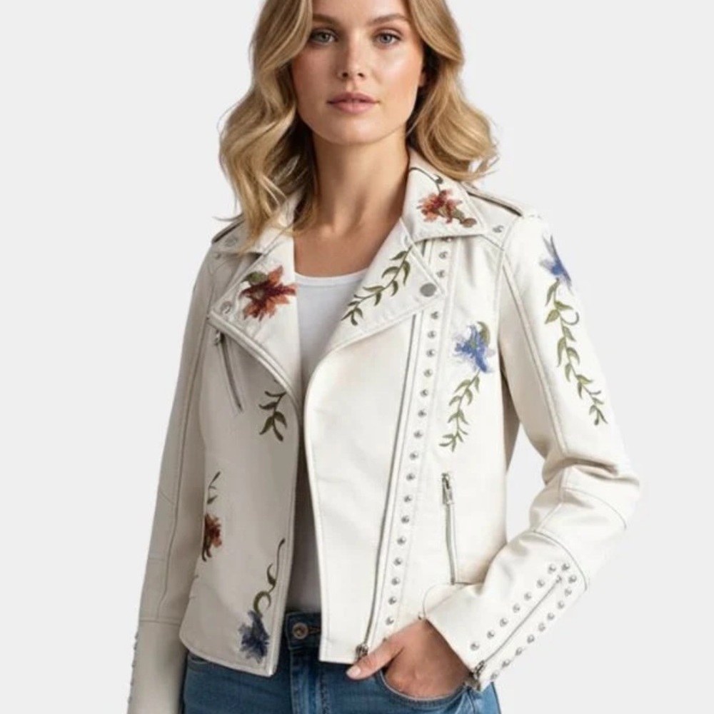 Off White Embroidered Studded Vegan Leather Spring Jacket, NWT